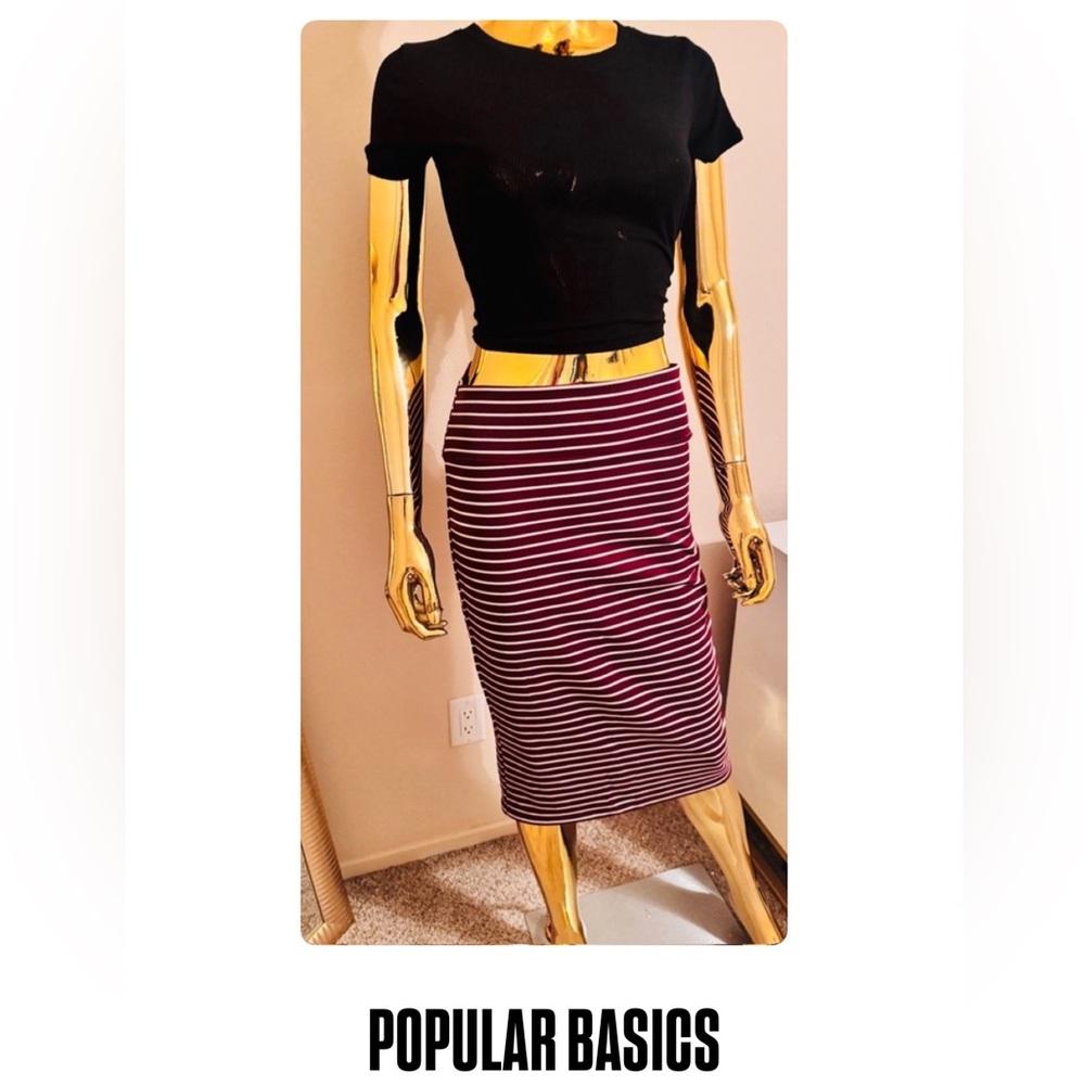 Popular Basics Striped Burgundy White Form-fitting Pencil Skirt, Size L, NWT